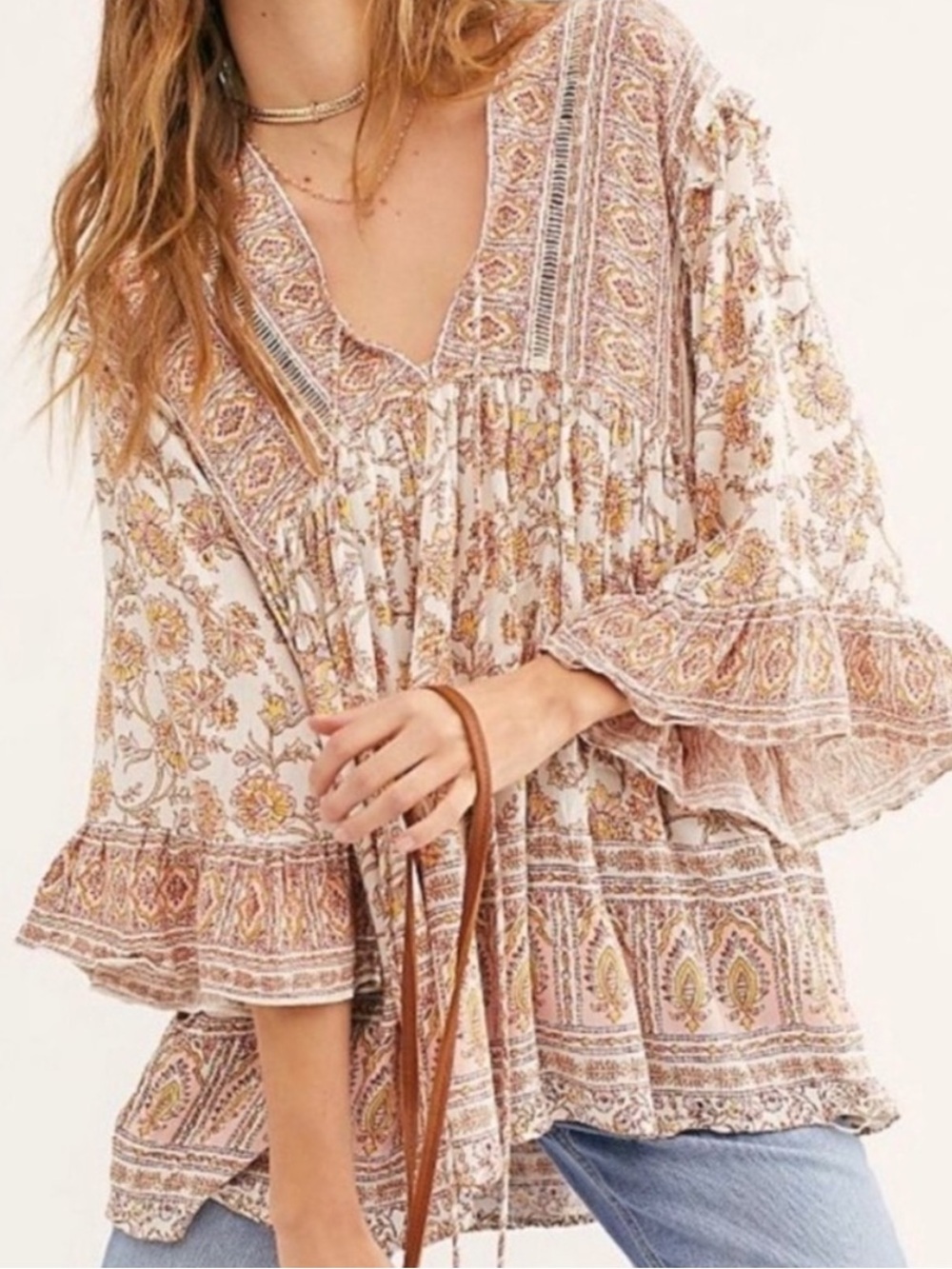 Free People Moonlight Dance Floral Boho Tunic Bell Sleeve Top M